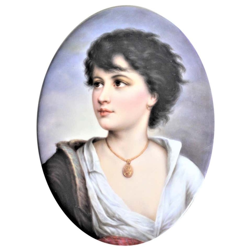 Gorgeous Rare Antique Oval Hand Painted Woman’s Portrait Porcelain Wall Plaque
